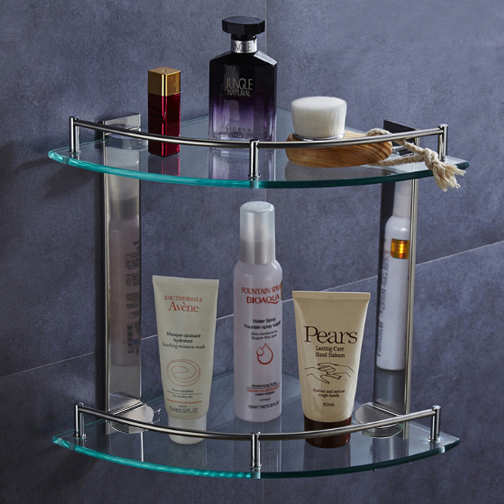Living And Home WH0660 Tempered Glass Stainless Steel Corner Shelf Rack 2-Tier Image 2