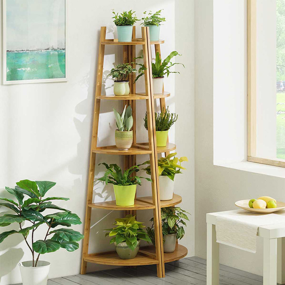 Living and Home Natural 5 Tier Corner Ladder Shelf for Plant Image 4