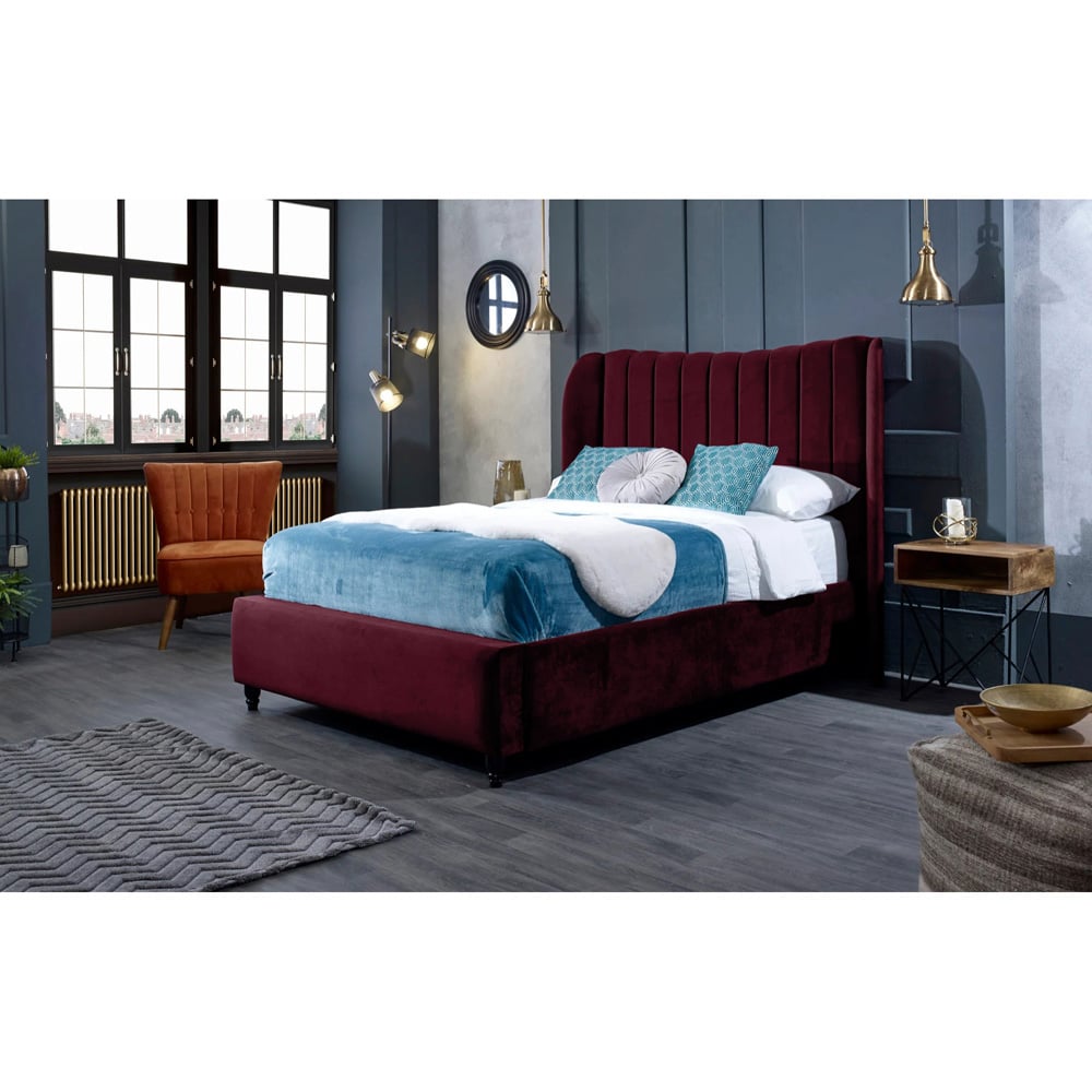 Eleganza Home Carli Double Maroon Plush Velvet Bed Frame with Lined Headboard Image 5