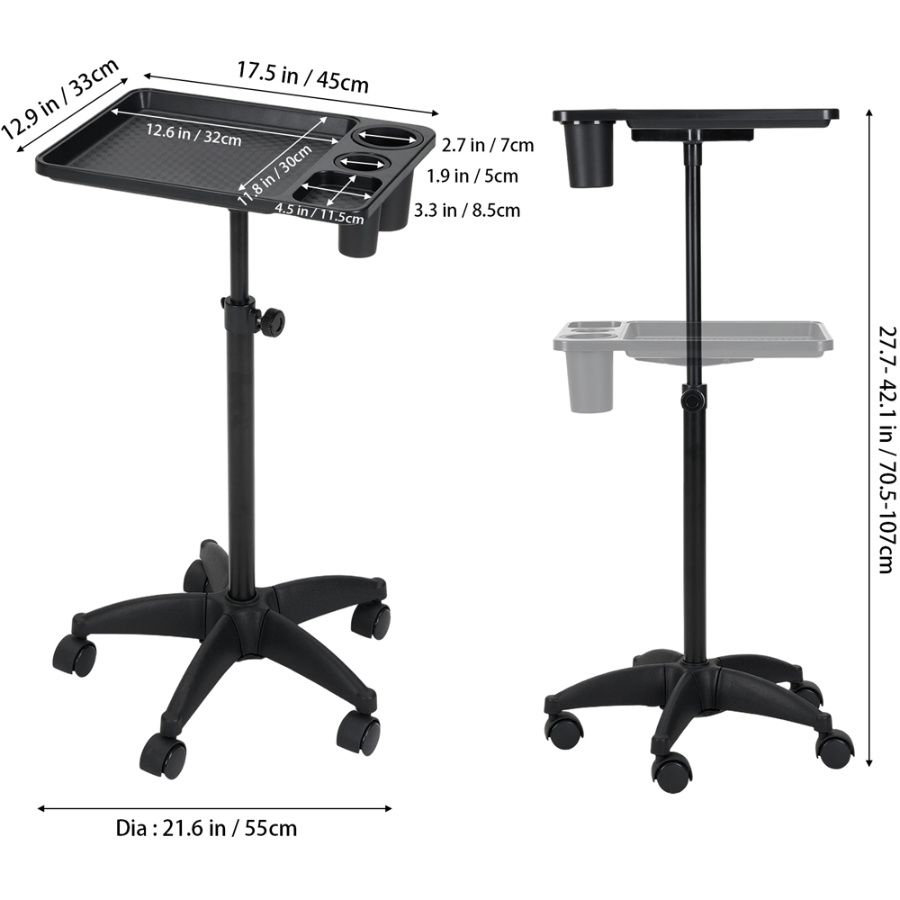 Living and Home Black Height Adjustable Salon Tray Cart with Cup Slots Image 8