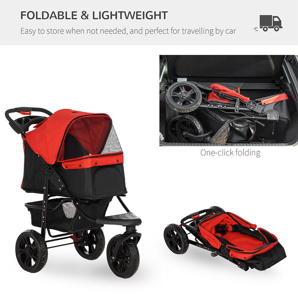 PawHut Red Foldable 3 Wheel Pet Stroller with Brake Image 6