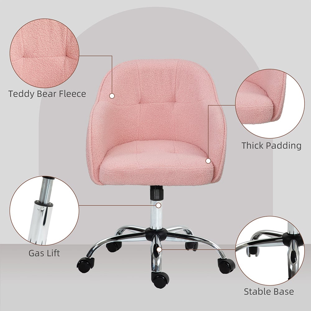 HOMCOM Fluffy Pink Height Adjustable Vanity Chair with Wheels Image 8