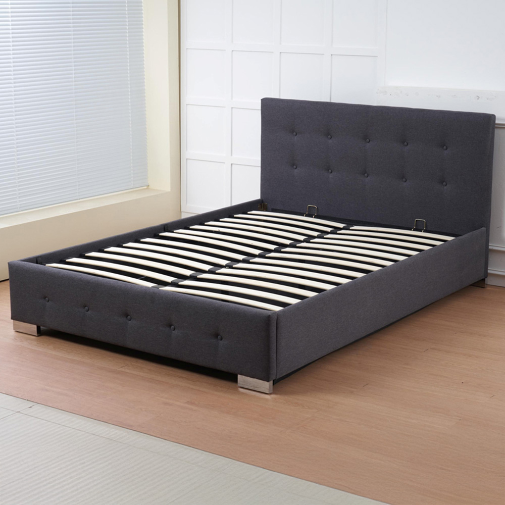 Indoor Living The Oslo Double Charcoal Linen Gas Lift Ottoman Bed Frame with Tufted Headboard Image 1