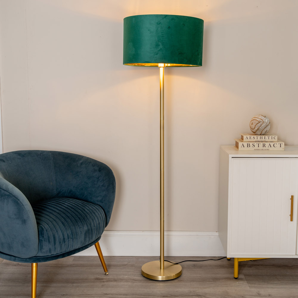 ValueLights Charlie Green Velvet and Metallic Shade Gold Floor Lamp and Bulb Image 3