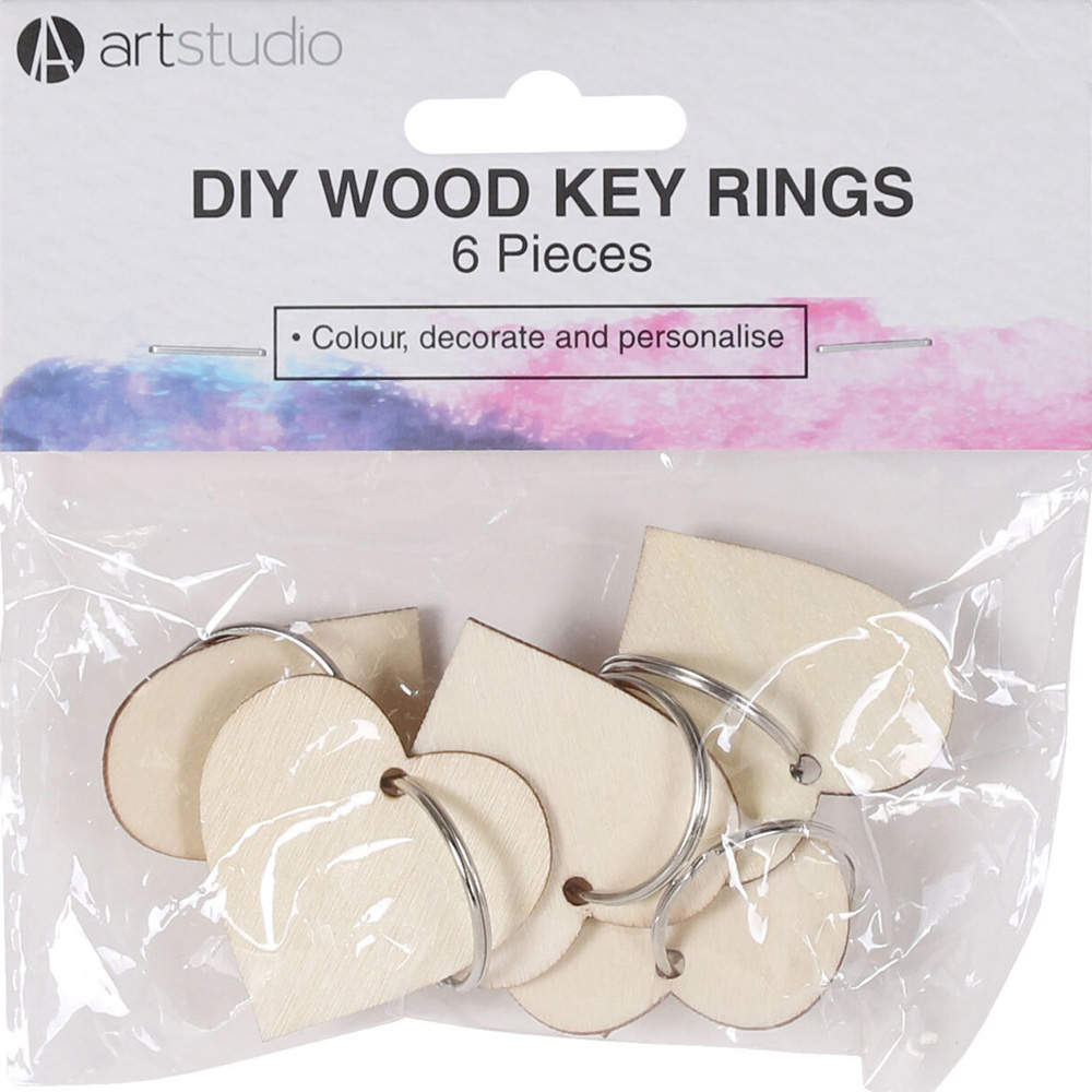 Single Art Studio Paint Your Own Wood Key Rings 6 Pack in Assorted styles Image 2