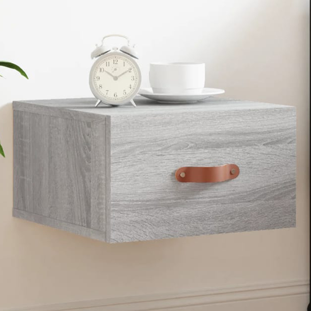 vidaXL Single Drawer Grey Sonoma Wall Mounted Bedside Cabinet with Brown Handle Image 1
