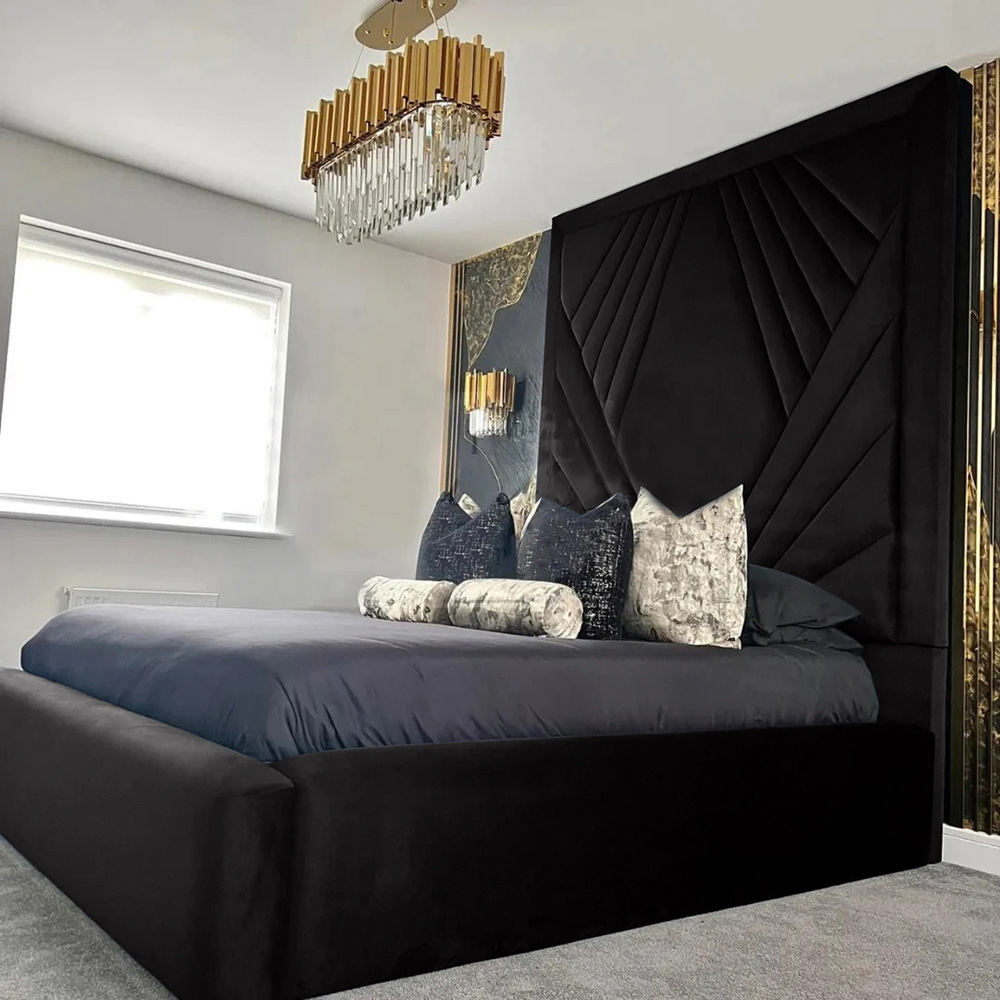 Eleganza Home Solia King Size Black Plush Velvet Bed Frame with Headboard Image 1