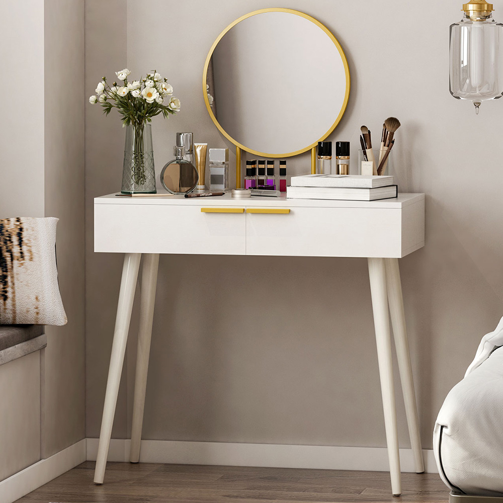 Portland 2 Drawer White Dressing Table with Round Mirror Image 1