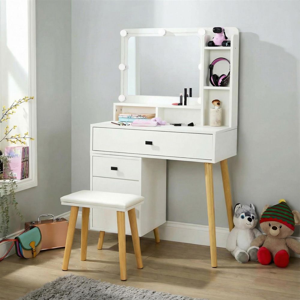 Home Source Forta Single Door 2 Drawer White Vanity Table and Stool Set with Light-Up Mirror Image 8