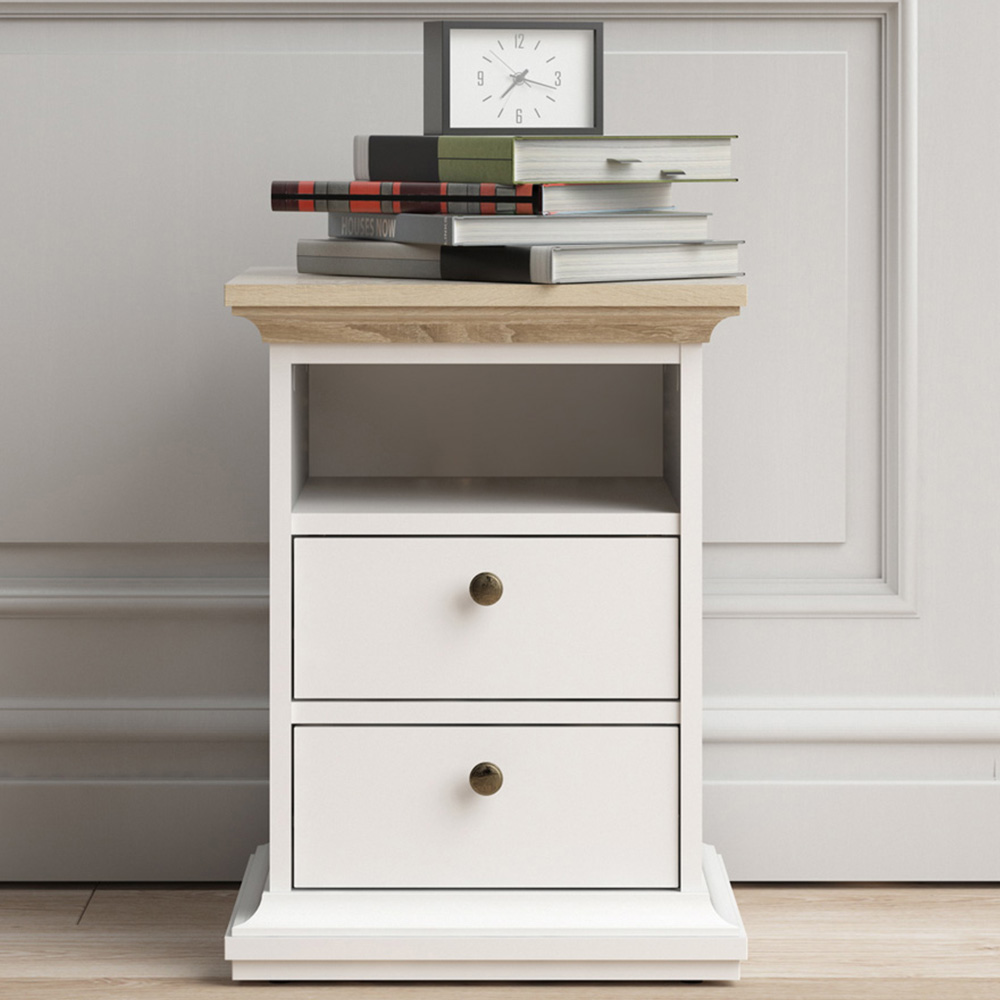 Florence Paris 2 Drawer White and Oak Bedside Table Image 1