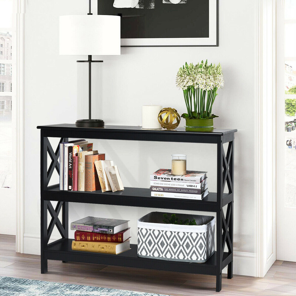 Costway 2 Shelf Black Industrial Console Table Image 6