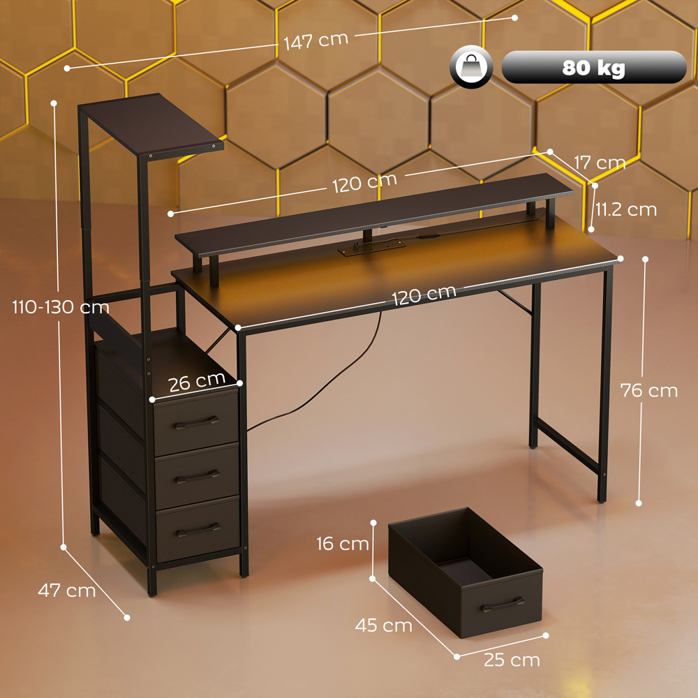 Portland 3 Drawer Black Gaming Desk with Charging Station and RGB Light Image 9