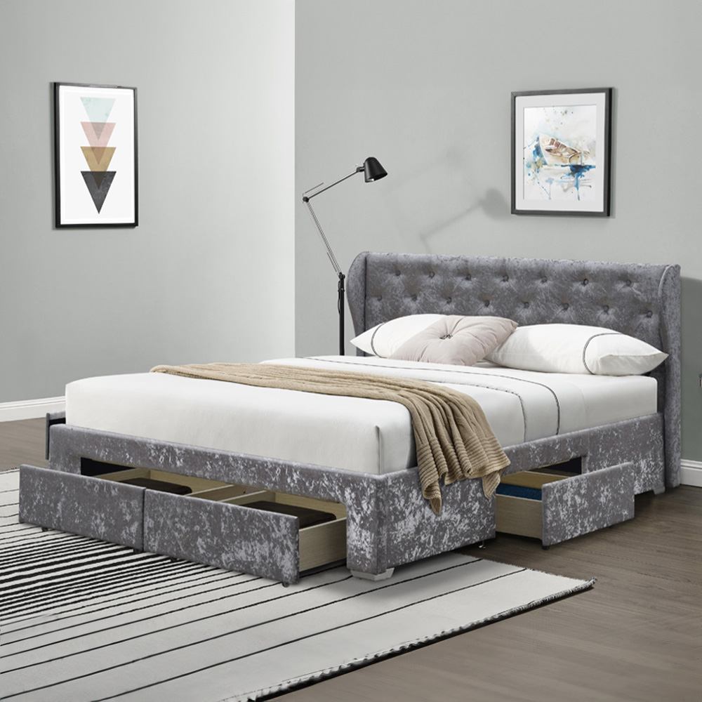 Brooklyn King Size Silver Crushed Velvet Upholstered Bed Frame with Winged Headboard Image 1