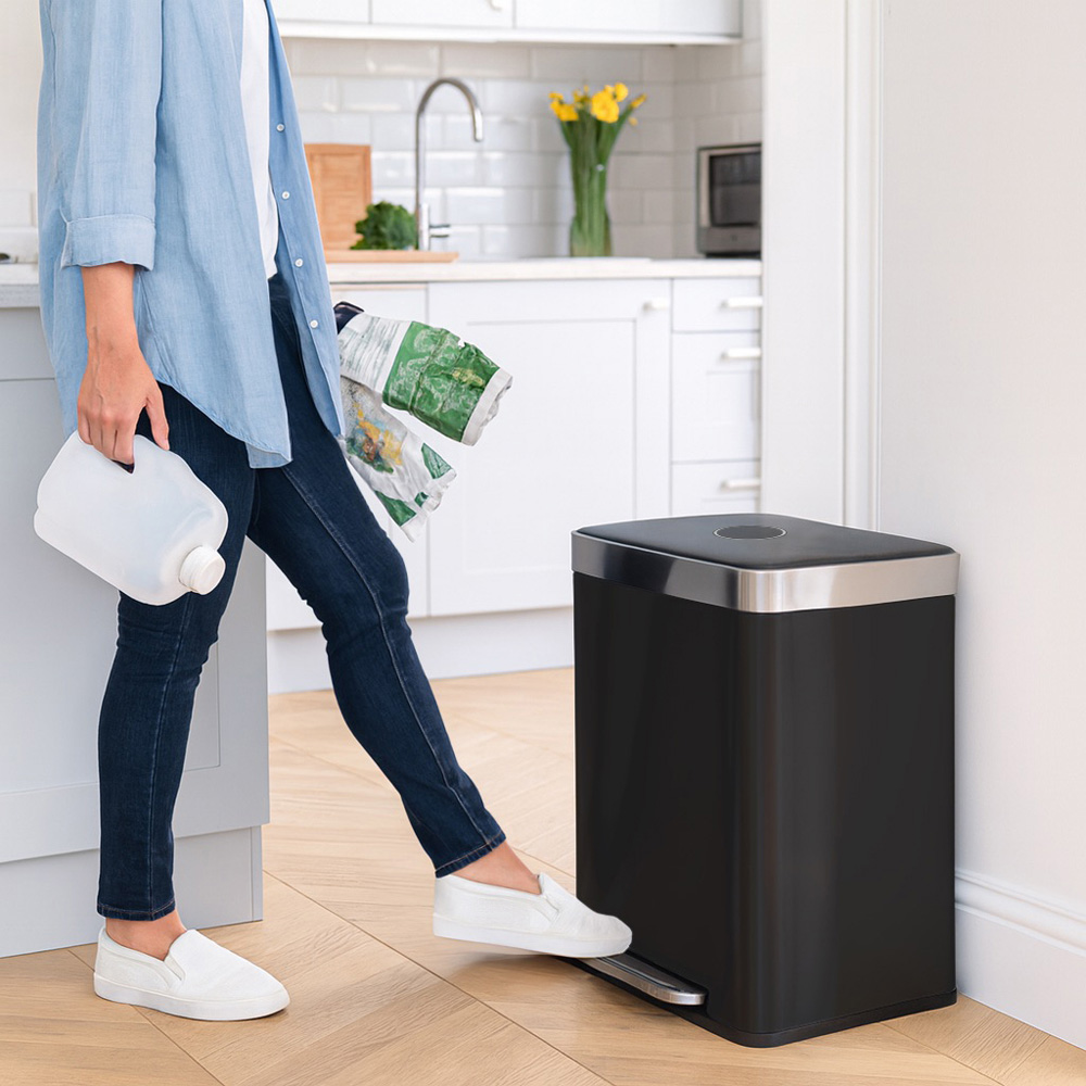 Harbour Housewares Matt Black Stainless Steel Double Kitchen Pedal Bin 60L Image 2