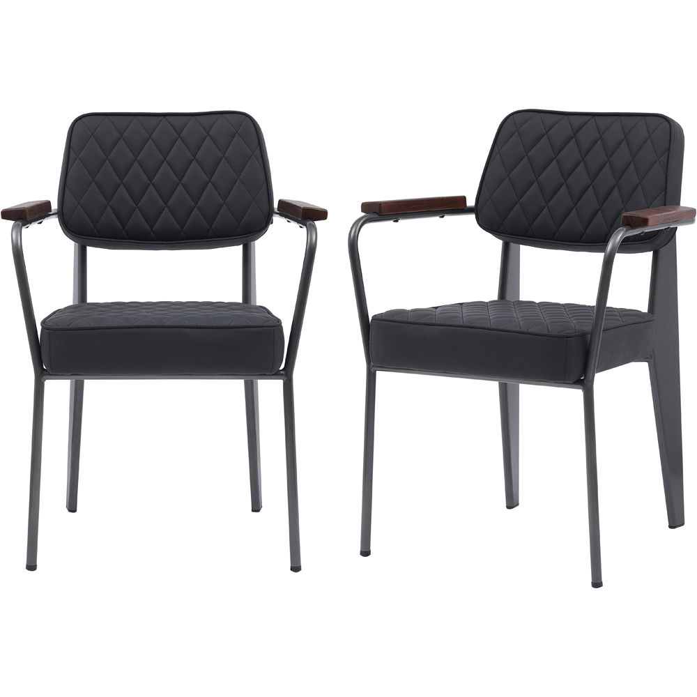 MMT Furniture Designs Set of 2 Black Vintage Diamond Stitch Dining Chair with Wooden Armrests Image 2