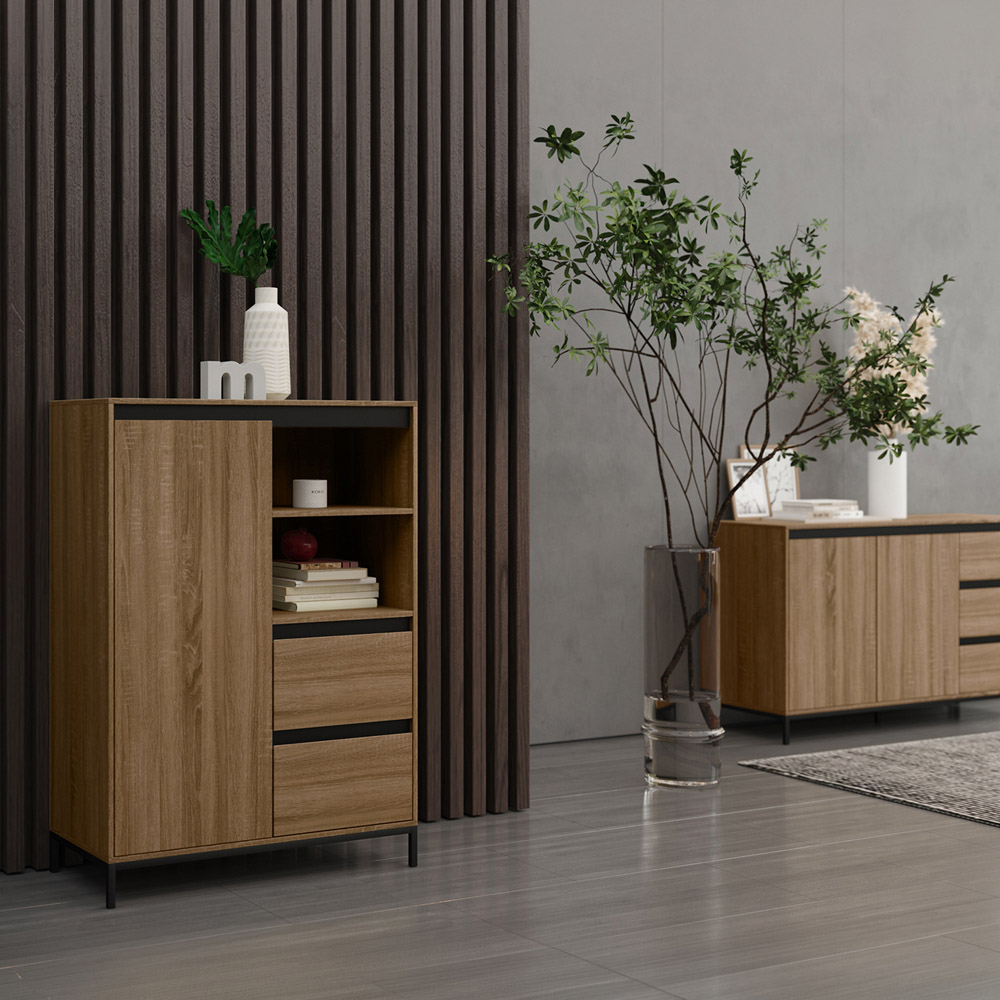 Loft24 Bari Single Door 2 Drawer Oak Black Storage Cabinet Image 6