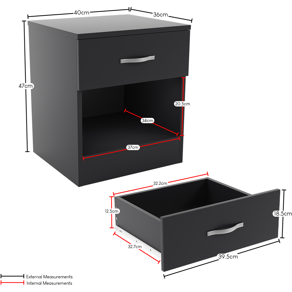 Vida Designs Riano Single Drawer Single Shelf Black Melamine Finish Bedside Table Set of 2 Image 9