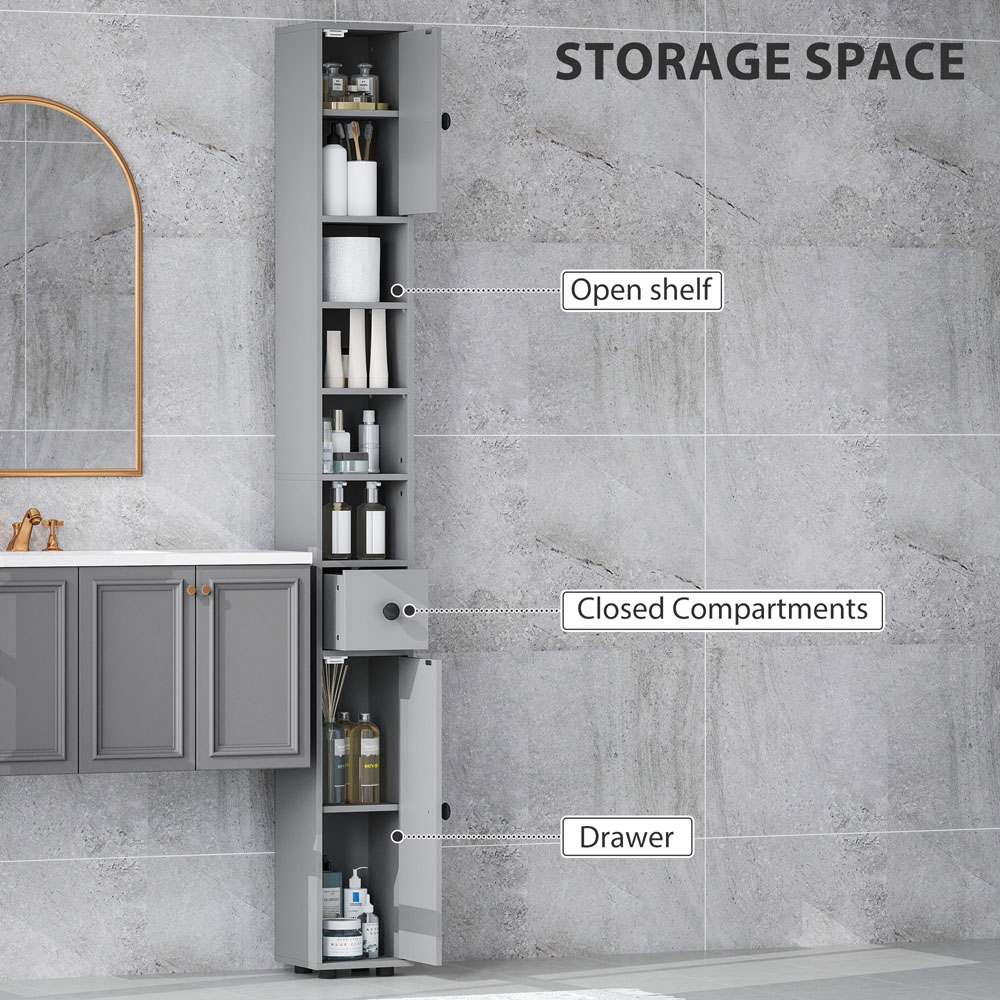 Kleankin 2 Door 4 Shelf Single Drawer Grey Slim Bathroom Storage Cabinet Image 4