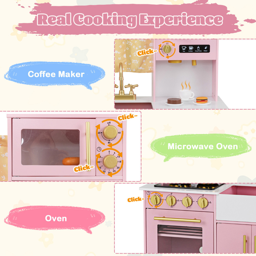 Costway Kids Pink Kitchen Play Set with Coffee Maker Stove Top Golden Utensils Image 3