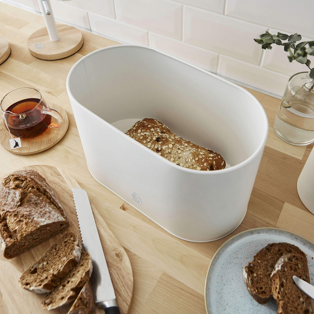 Swan Cotton White Bread Bin with Wooden Lid Image 6