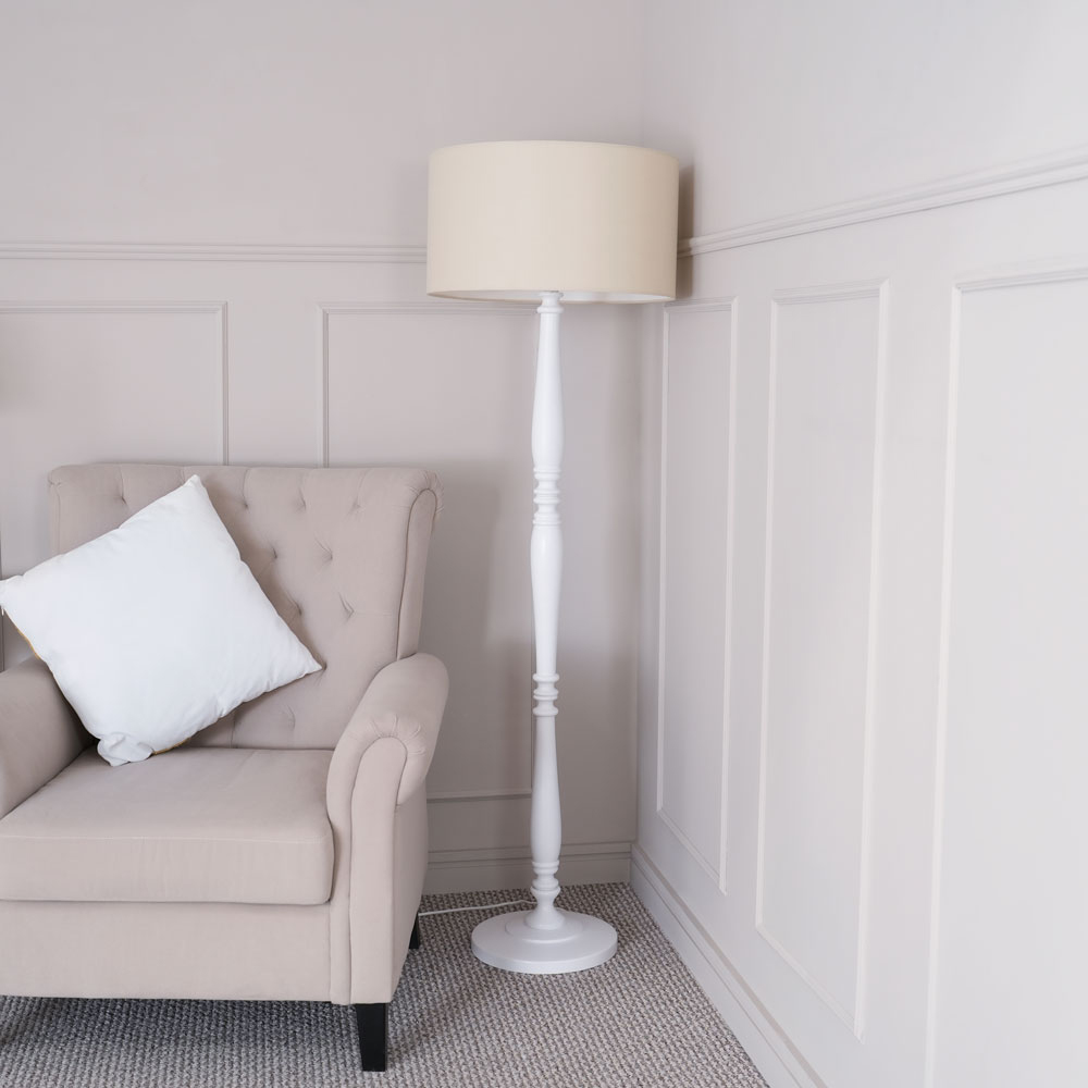 ValueLights Victoria Natural Fabric Drum Shade White Wood Traditional Stem LED Floor Lamp Image 3