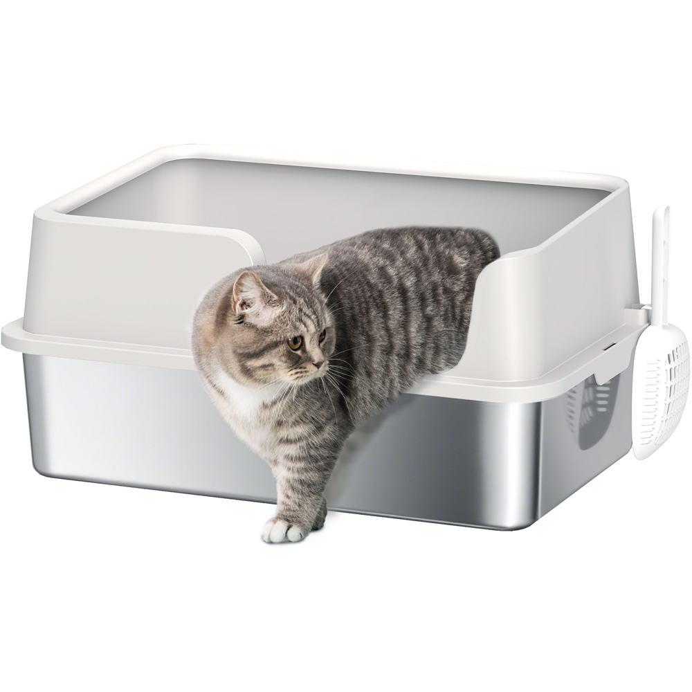 PawHut High Sided Stainless Steel Cat Litter Box with Scoop Image 1