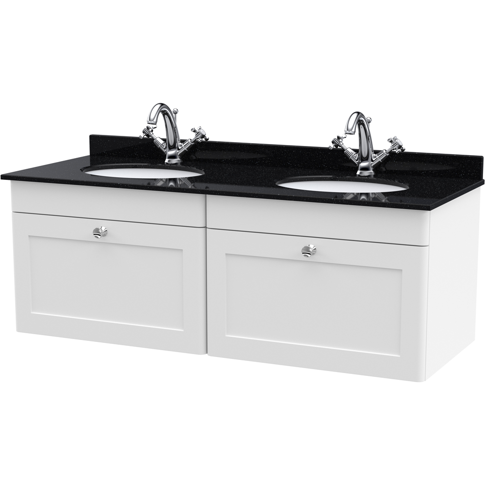 nuie Classique 2 Drawer Satin White and Black Wall Hung Unit and 1 Tap Hole Marble Basin 1200mm Image 1