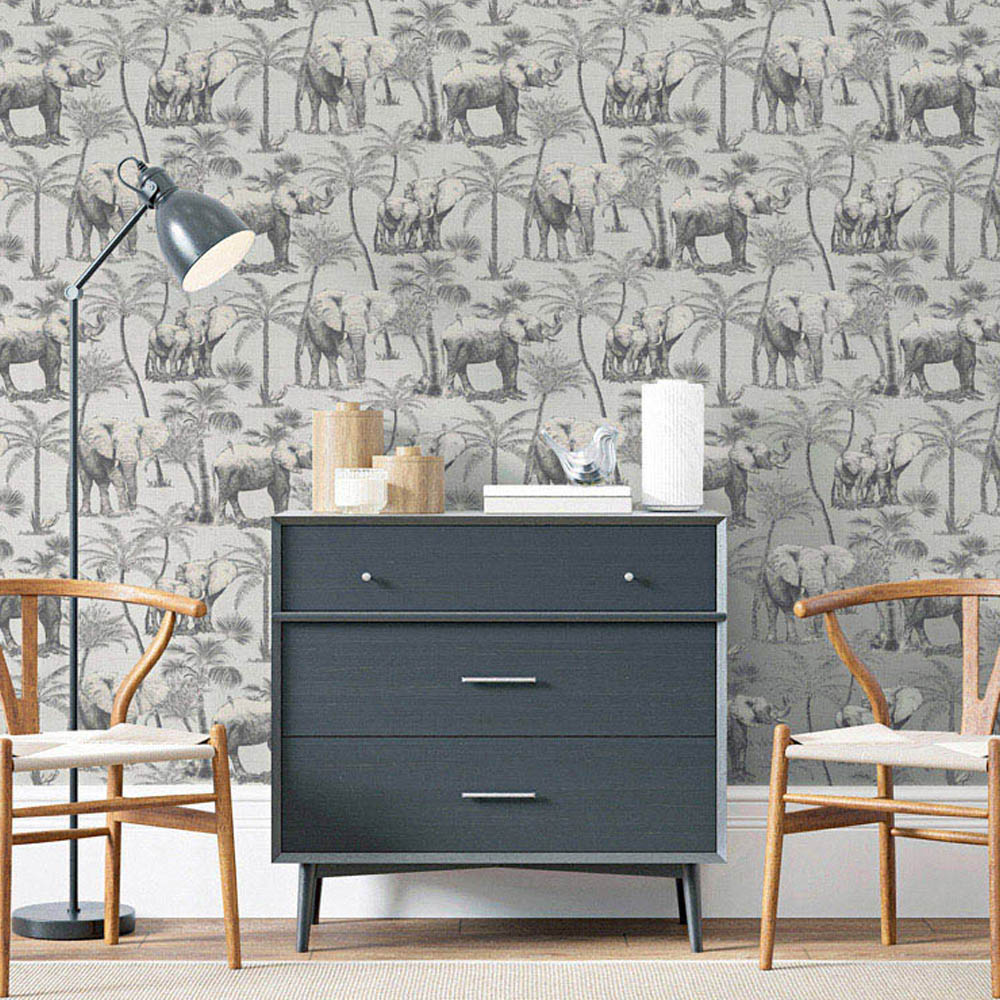 Arthouse Safari Elephant Charcoal Wallpaper | Wilko