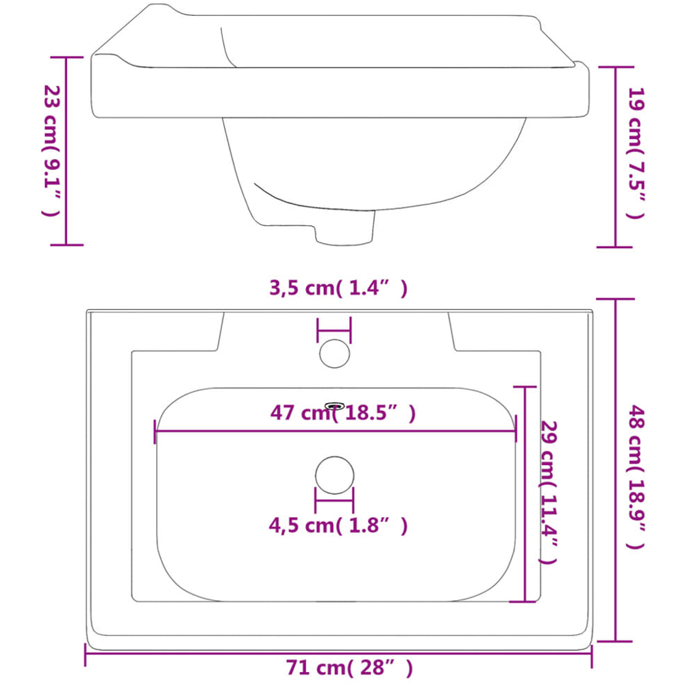 vidaXL White Ceramic Rectangular Bathroom Sink 230 x 480 x 710mm Image 6