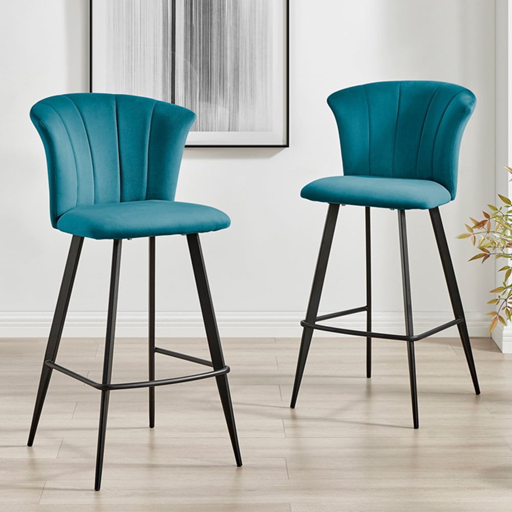 Furniturebox Hazel Blue and Black Velvet Bar Stool Set of 2 Image 1