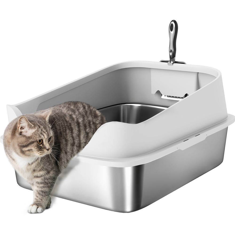 PawHut XL Grey Stainless Steel High Sided Cat Litter Tray with Scoop Image 1