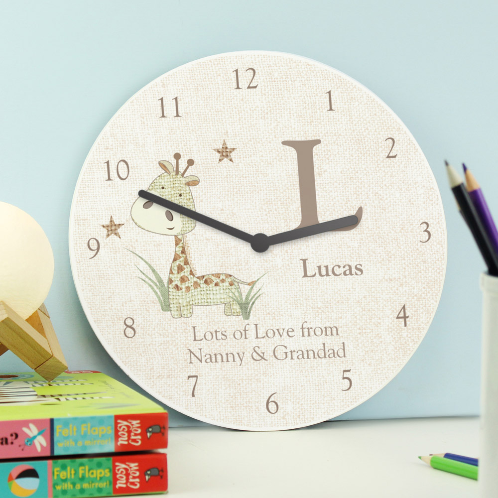 Personalised Memento Hessian Giraffe Shabby Chic Large Wooden Clock Image 3