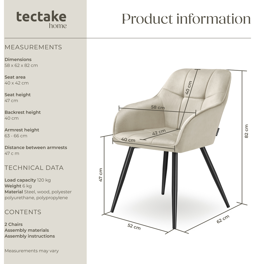 tectake Marilyn Set of 2 Cream and Black Quilted Velvet Dining Chair Image 9