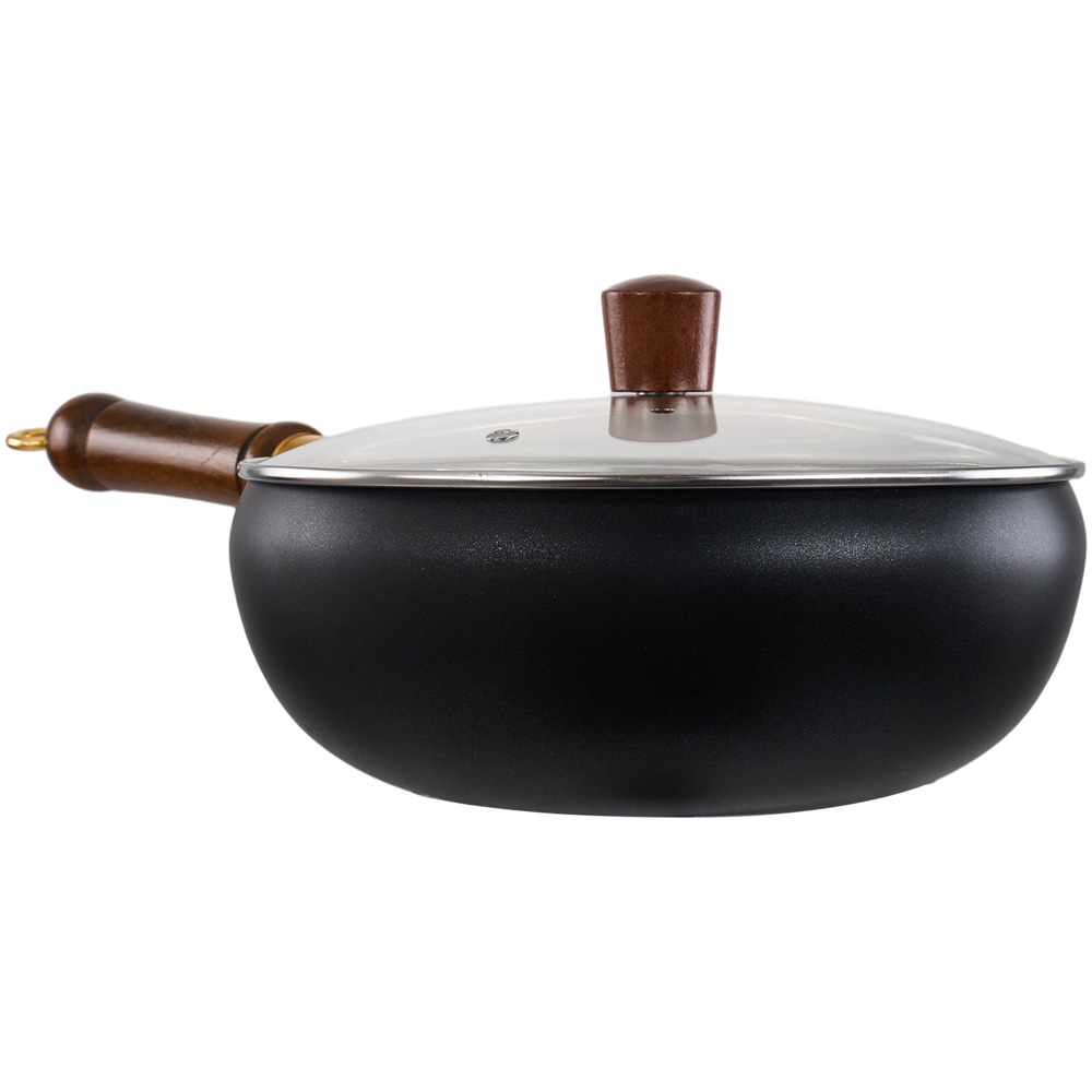 Living and Home 24cm Black Iron Deep Wok Pan with Glass Lid Image 3