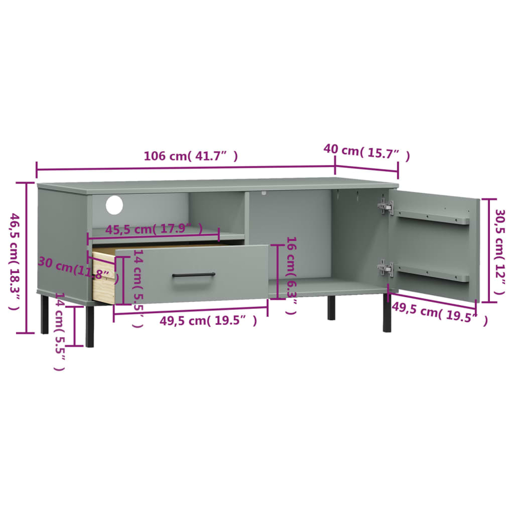 vidaXL Oslo Single Door Single Drawer Single Shelf Grey TV Cabinet Image 8