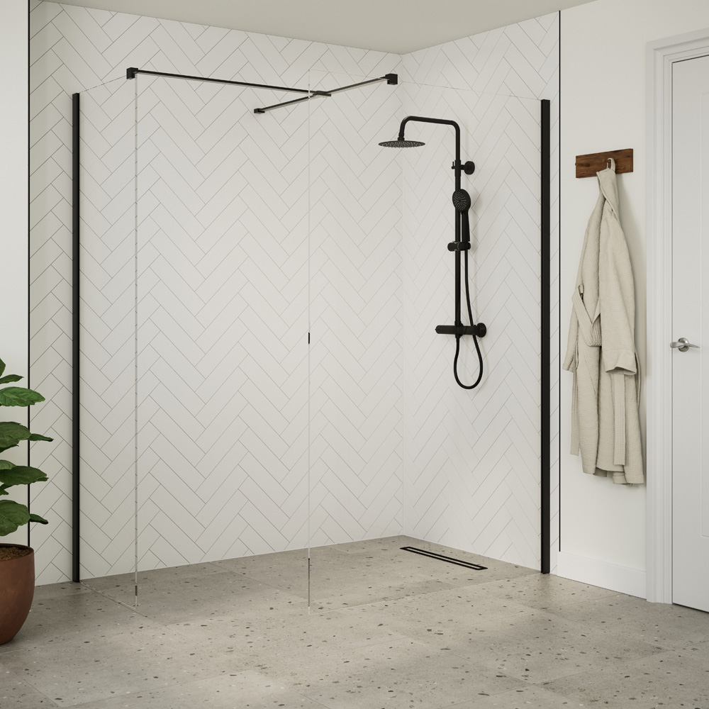 Bathstore Nero Glass Wetroom Shower Panel with Matt Black Profile and Side Bar 700mm Image 2