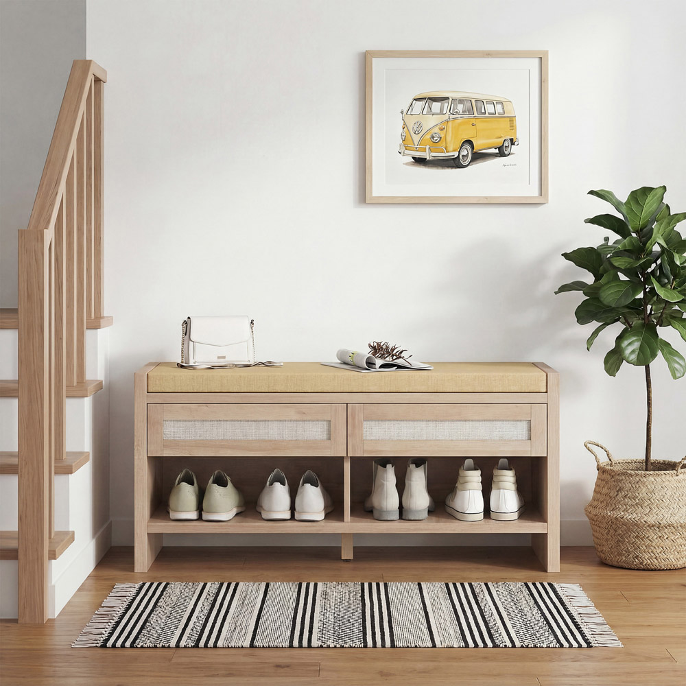 HOMCOM 2 Rattan Drawer Oak Wood Effect Shoe Bench Image 4