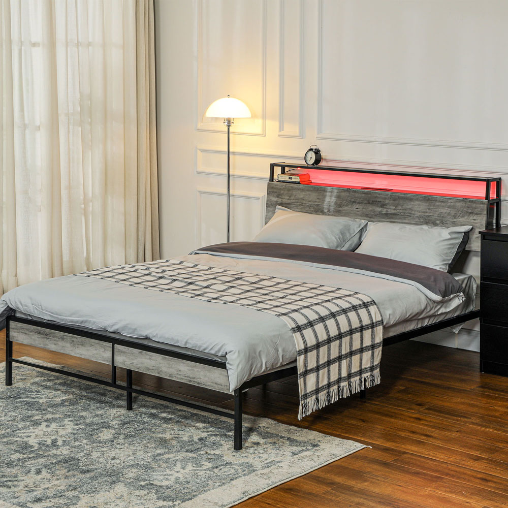 Portland King Size Cement Grey Bed Frame with Charging Station and Lights Image 3