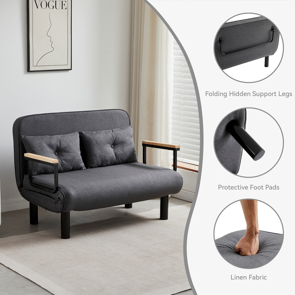 2 Seater Grey 4-in-1 Foldable Sofa Bed with Adjustable Backrest and Large Cushion Image 4