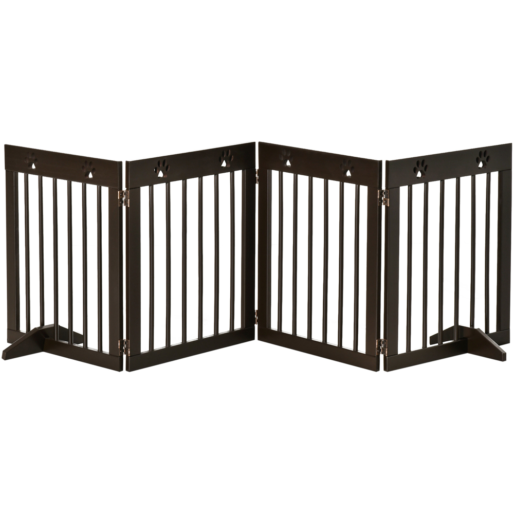 PawHut Brown 4 Panel Wooden Folding Pet Safety Gate with Support Feet Image 1