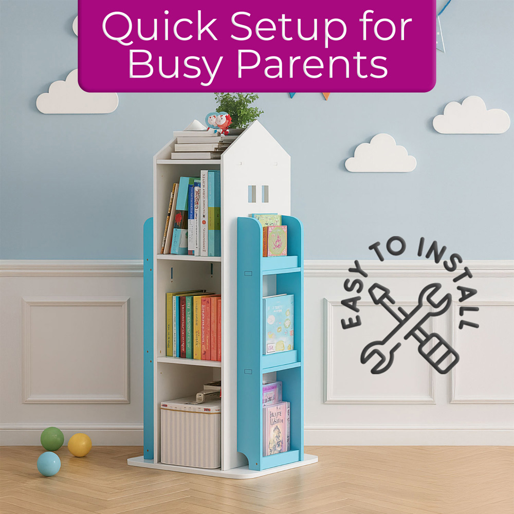 Neo Blue House Shaped Rotating Kid's Freestanding Bookshelf Image 8