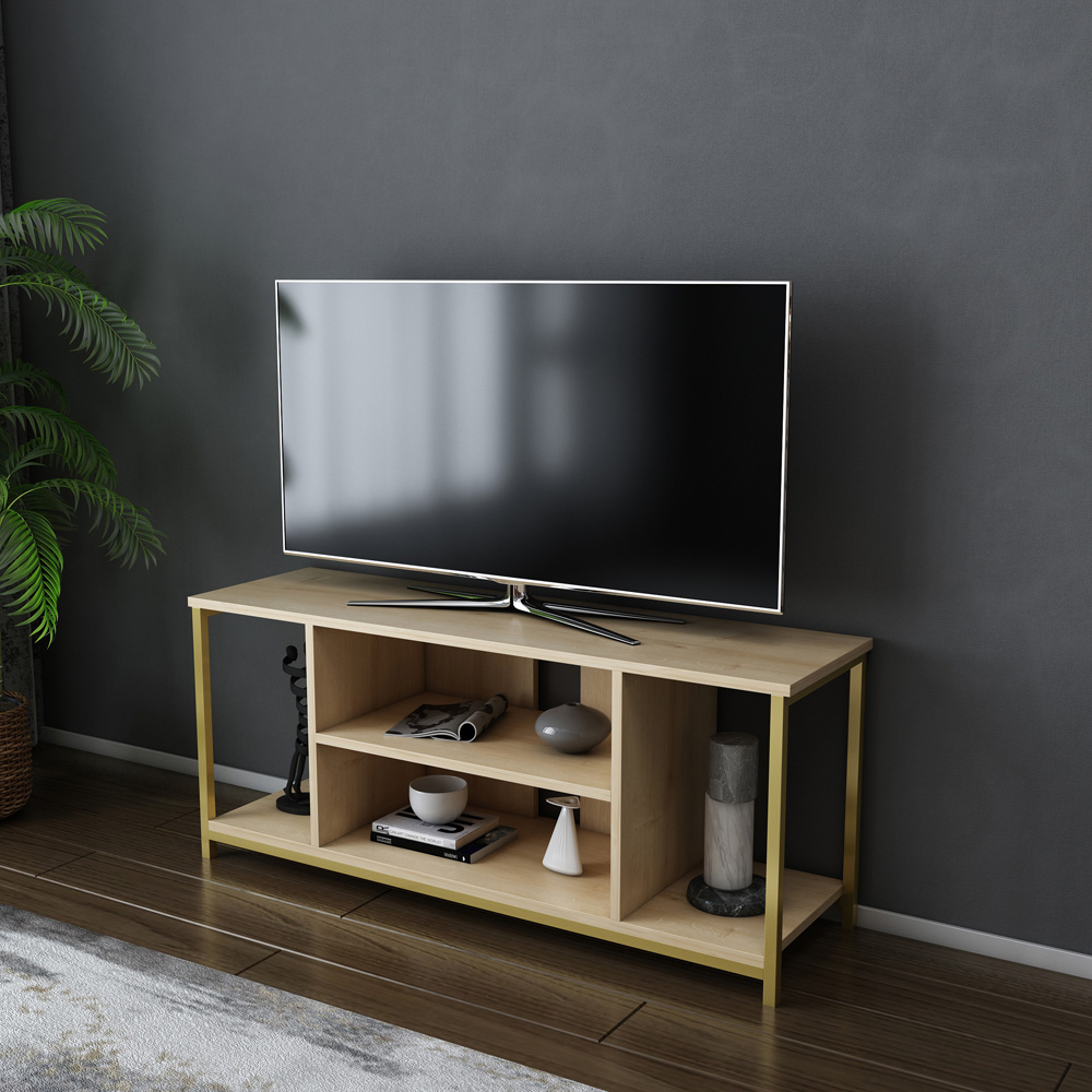 Decorotika Rinaldo 4 Open Shelf Gold and Oak Wide TV Unit Image 5