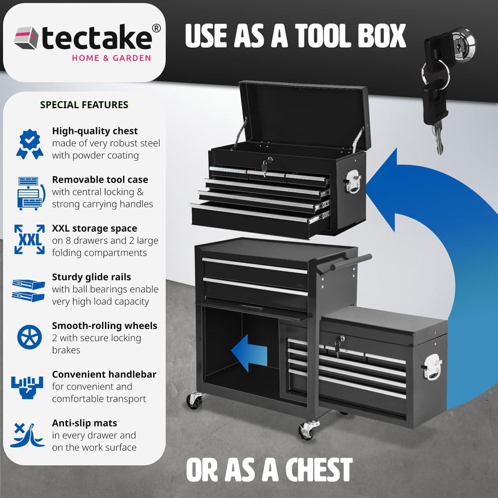 tectake 8 Drawer Black Tool Chest of Drawers with Wheels Image 6