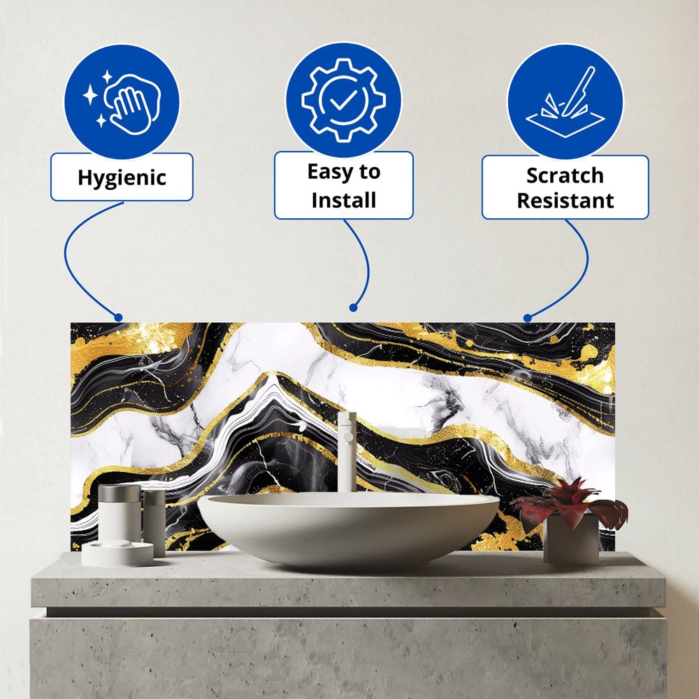 Warren Reed Designer Black and Gold Marble Effect Bathroom Splashback 25 x 60cm Image 3