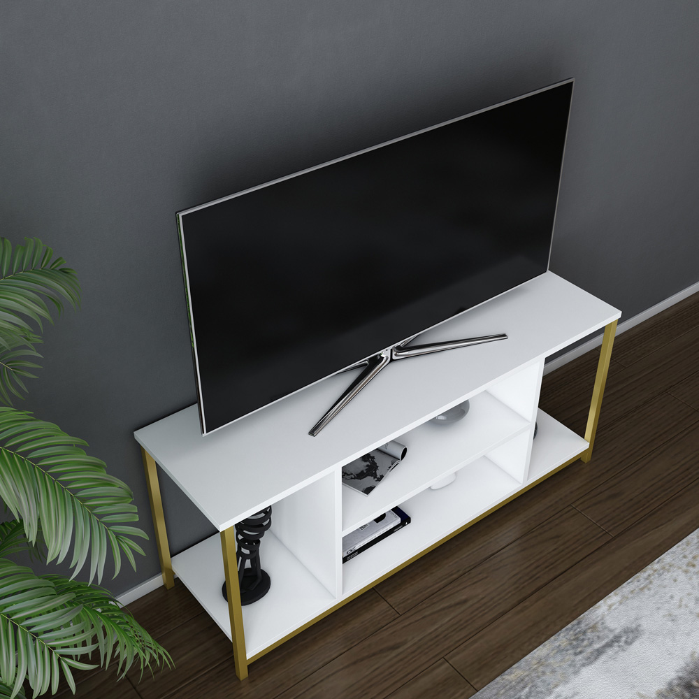 Decorotika Rinaldo 4 Open Shelf Gold and White Wide TV Unit Image 3