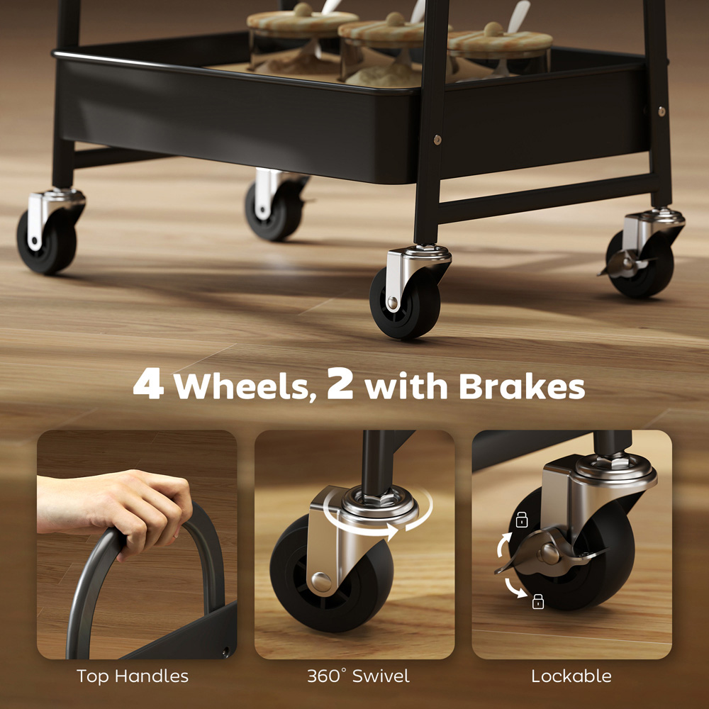 Portland 3 Tier Rustic Brown and Black Rolling Utility Cart with Mesh Baskets Image 6