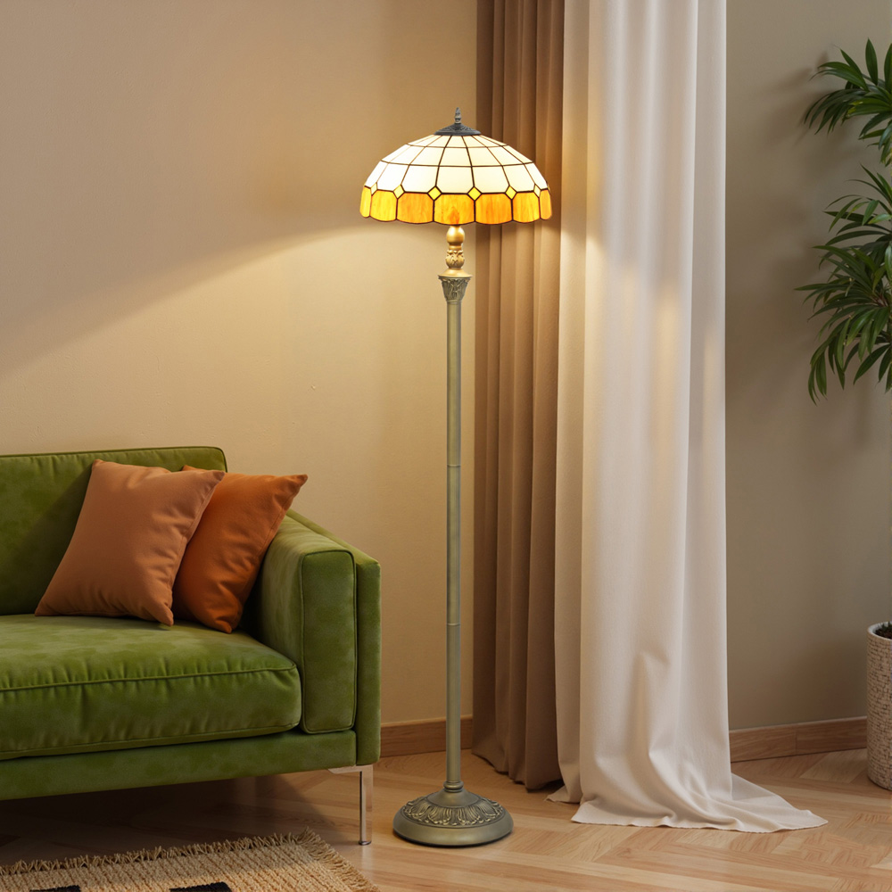 HOMCOM Orange Vintage Handcrafted Stained Glass Shade Floor Lamp Image 2