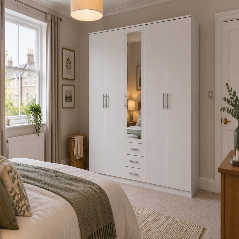 TJ'S Oxford 5 Door 3 Drawer White Wardrobe with Mirror Image 4