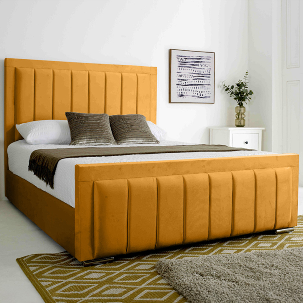 Eleganza Stylus King Size Mustard Plush Velvet Bed Frame with Lined Headboard and Footboard Image 1
