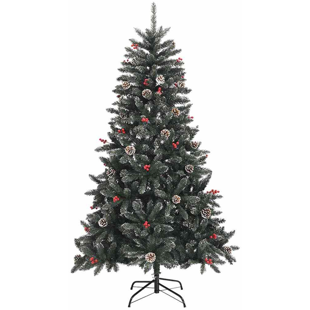 vidaXL Pre-Lit Red Bauble Pinecones Berries Green Snow Flocked Artificial Christmas Tree 5ft Image 3